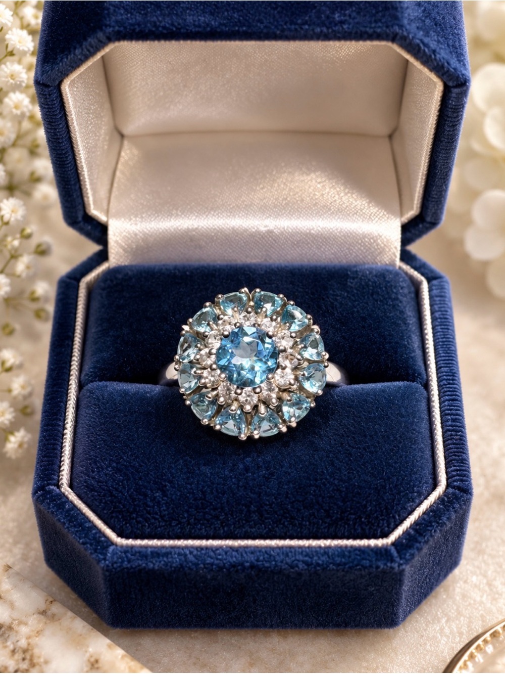 Ring Sterling Silver Blue & Clear Cubic Zirconia Halo Cocktail